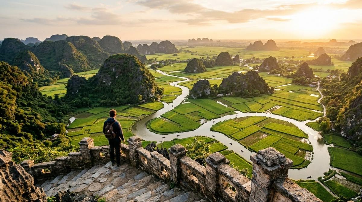 The view from Mua Cave over a winding river, rice fields and isolated limestone hills