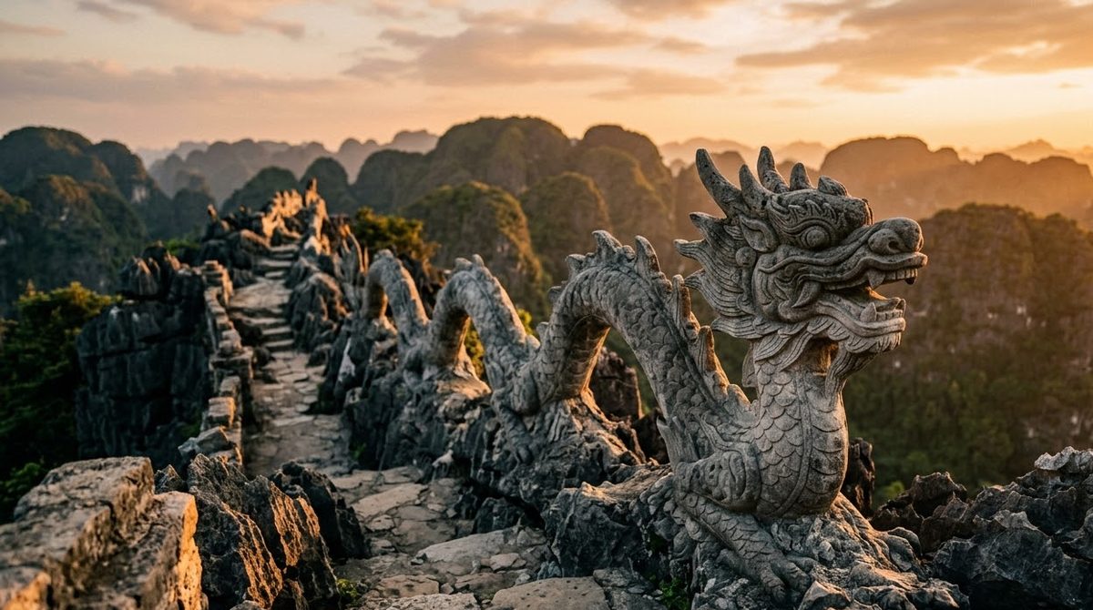 The stone dragon along the summit ridge at Mua Cave