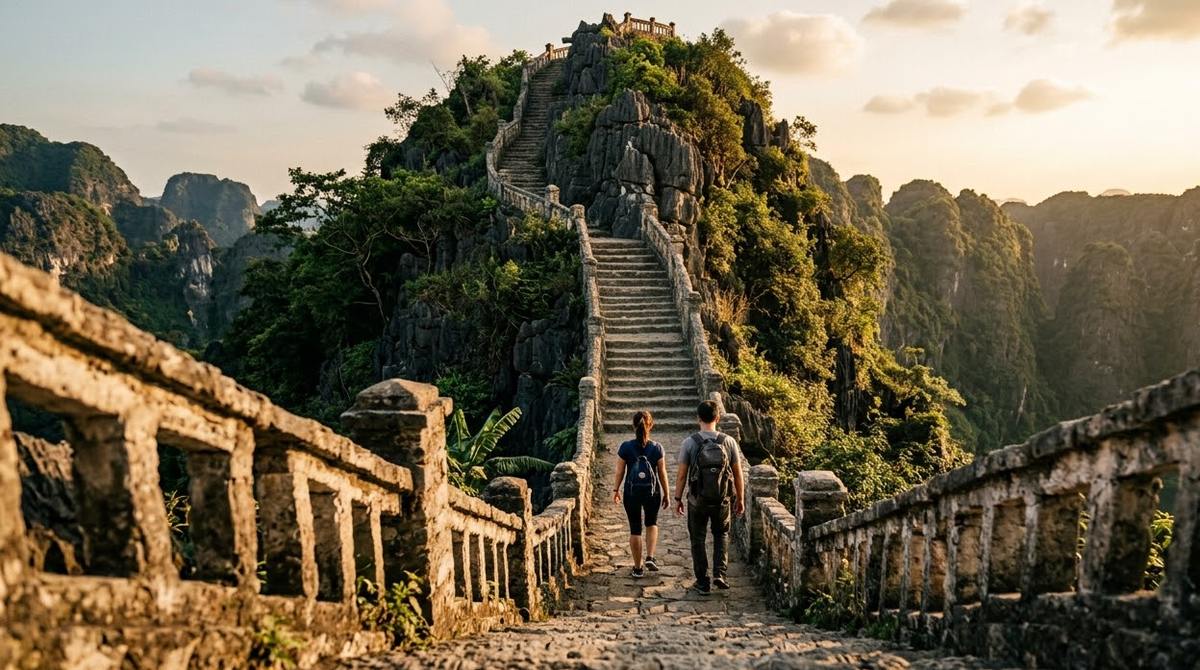 The stone staircase climbing the ridge at Mua Cave