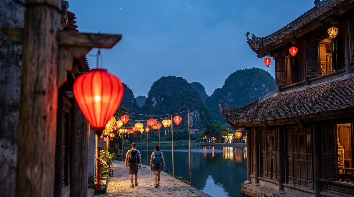 Lanterns lit over the lanes of Hoa Lu Old Town beside Ky Lan Lake at dusk