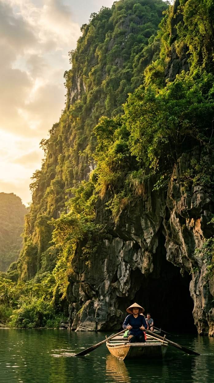 A rowing boat gliding out of a limestone cave on the river at Trang An