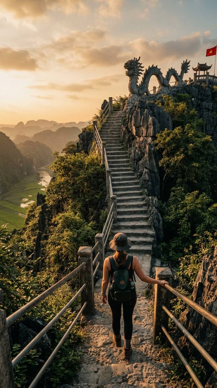 Stone steps and the stone dragon on the ridge at Mua Cave in late sun