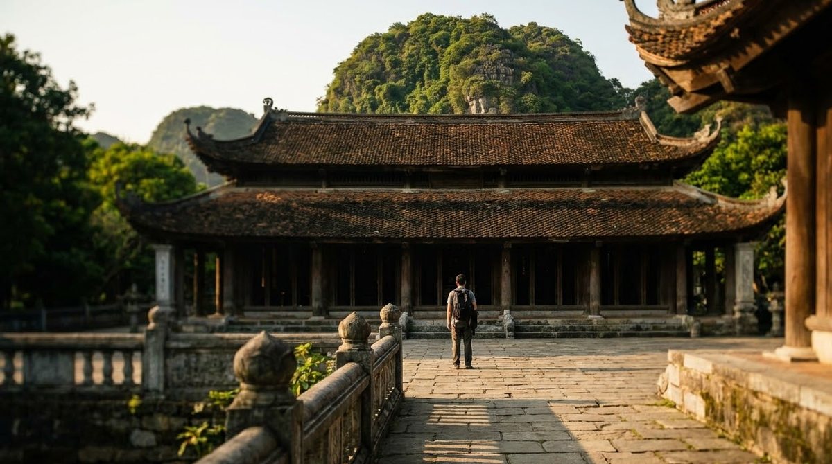 The temple of King Dinh Tien Hoang at Hoa Lu Ancient Capital in late-afternoon light