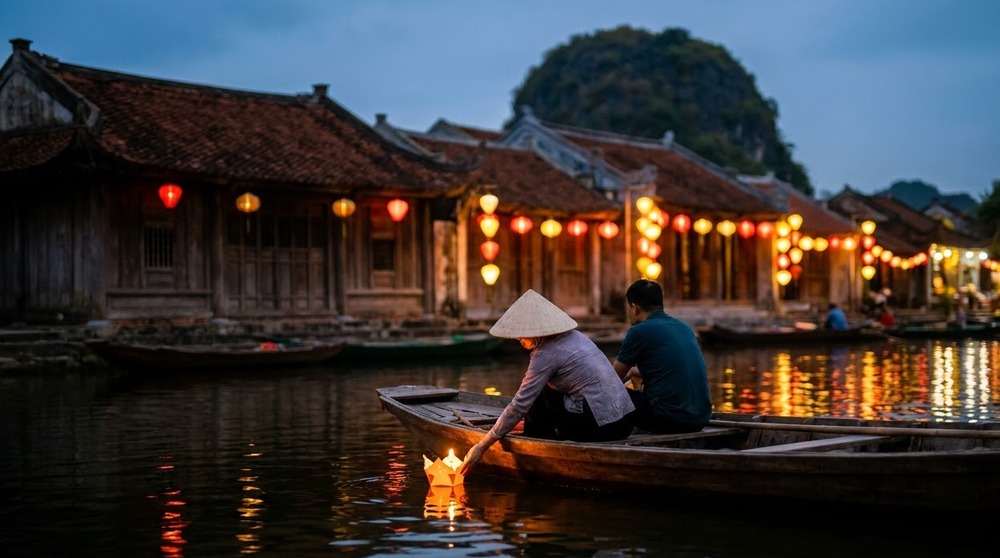A small sampan with a floating lantern on Ky Lan Lake at dusk in Hoa Lu Old Town