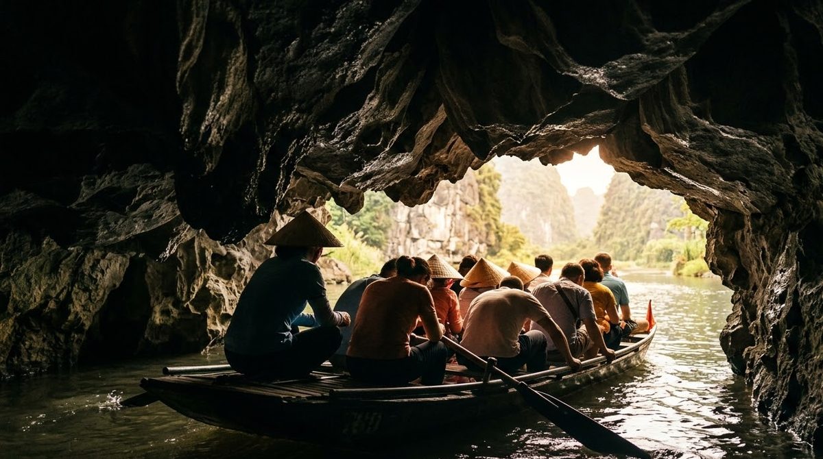 Passengers ducking as a rowing boat passes through a low cave at Trang An