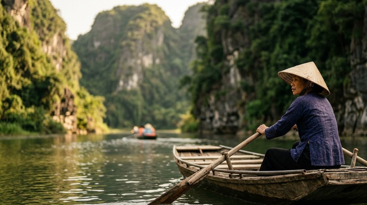 A local rower in a conical hat rowing a boat at Trang An