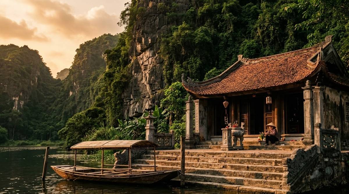 A small riverside temple at a landing stage on the Trang An boat route
