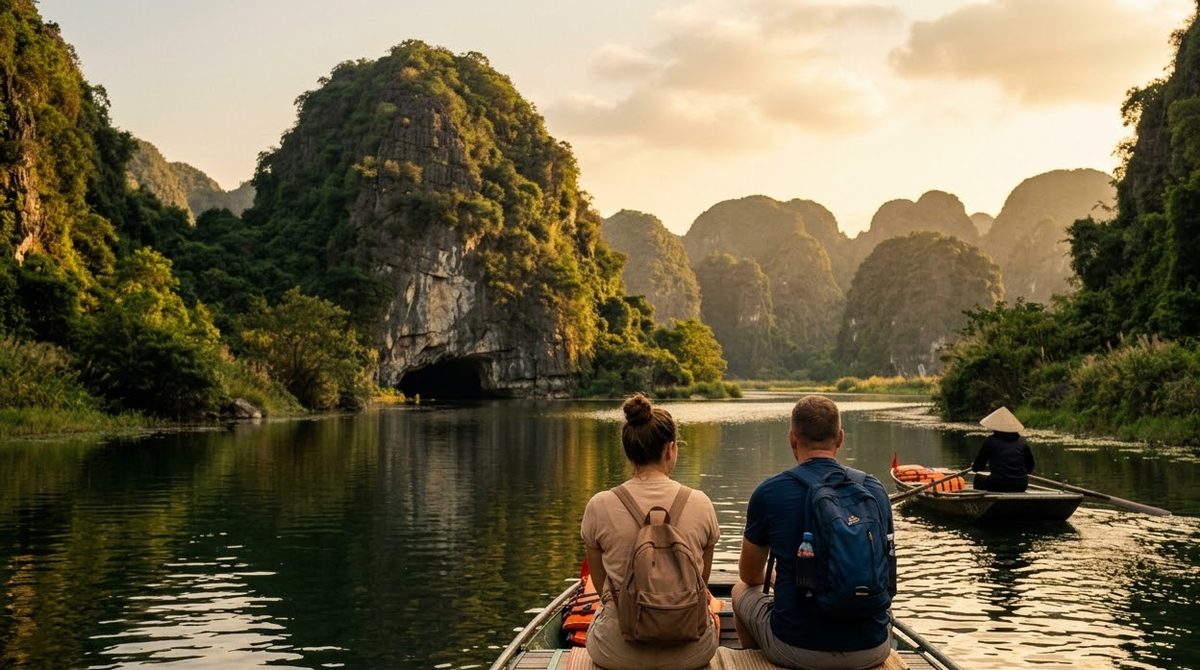 A rowing boat on the still river at Trang An between steep green limestone hills